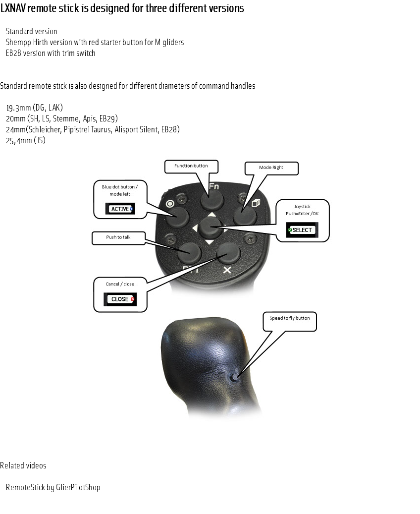 LXNAV remote stick is designed for three different versions Standard version Shempp Hirth version with red starter button for M gliders EB28 version with trim switch Standard remote stick is also designed for different diameters of command handles 19.3mm (DG, LAK) 20mm (SH, LS, Stemme, Apis, EB29) 24mm(Schleicher, Pipistrel Taurus, Alisport Silent, EB28) 25,4mm (JS) ﷯ Related videos RemoteStick by GlierPilotShop 